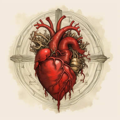 a drawing of a red human heart, 1880–1950, epic fantasy scenes, witchcore, in the style of 15th century, clipart, medievalist, biblical art, no background frame