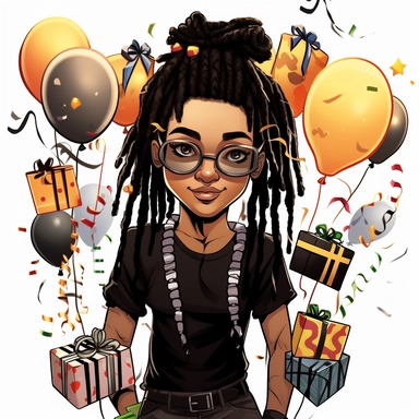a melanated tomboy woman with box haircut with dreads wearing black rimmed glasses with a birthday theme clipart