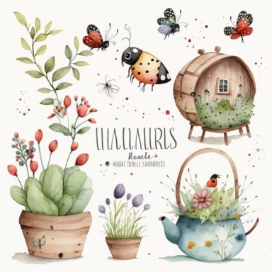 spring time watercolor storybook illustrations clipart set, ladybirds watercolor, white background, simple, soft colors, boho, minimalism ,garden tools accessories ,balloons, wooden pots , ladybirds