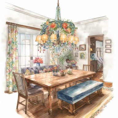 watercolor, hyper realistic, white background, white margins, 16k, ultra detailed clipart, cut out image, hand-drawn, whimsical a cozy dining room with a large farmhouse table and bench seating, decorated with a vintage floral tablecloth and a hanging chandelier