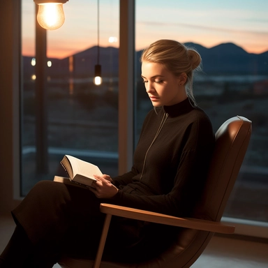 professional full body photo taken from above about a 23-years-old stunning whiteish blonde protestant girl in black turtleneck reads Bible and sitting on a worn and stained thonet chair, warm lights inside behind the girl and sunset outside, focal length 50mm, Canon, real photo, hyper realistic, high quality, high detailed, Realistic, 4k, 8k, ultra detailed, cinematic lighting, natural blur, photorealism, cinematic rendering, ray tracing, highest quality, highest detail, Cinematic, bokeh, Moody