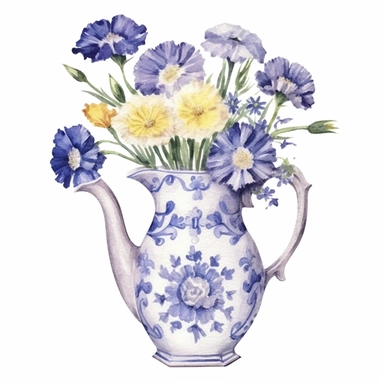 Design a dreamy watercolor clipart of frenchfarmhouse-inspired Cornflowers, daisies, and lisianthus arranged in a vintage ceramic pitcher composition, hand-painted with soft and graceful brushstrokes. Draw inspiration from the artistic finesse of Ethereal Petals Watercolors for a refined and ethereal depiction. isolated on a white background, hand-drawn illustration, hand-painted watercolor texture, 16k UHD resolution, intricately detailed, sharp focal points, designed by Ana Victoria Calderon a