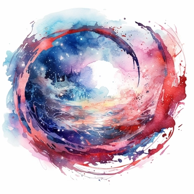 clipart style, watercolor scene of An immersive illustration of a cosmic journey through a nebula-filled expanse. Vibrant ribbons of red, purple, and blue dance across the scene, guiding the viewer through a cosmic wonderland of swirling gas formations and sparkling stars, HD, on white background