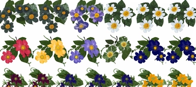 flower climbing bells clipart, set cineraria and leaves, color flowers, cartoon style, 300dpi