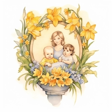 Craft an exquisite hand-drawn watercolor clip art image of a family gift niche adorned with birth flowers. Customize the image for a family of five: a March baby (Daffodil), a May baby (Lily of the Valley), a July baby (Larkspur), an October baby (Marigold), and a December baby (Poinsettia). Use soft pastel colors for the background, creating a gentle and serene atmosphere that complements the vibrant birth flowers. Pay attention to the fine details of each flower, capturing their unique charact