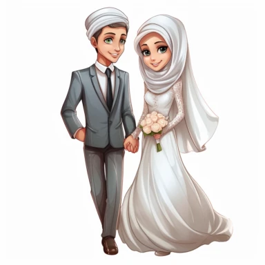 wedding couple clipart wedding ,card, the Muslim bride clipart cliparts, in the style of caffenol developing, cartoonish innocence, caricature-like, perceptive, plush doll art, captivating,--2:3,--8k