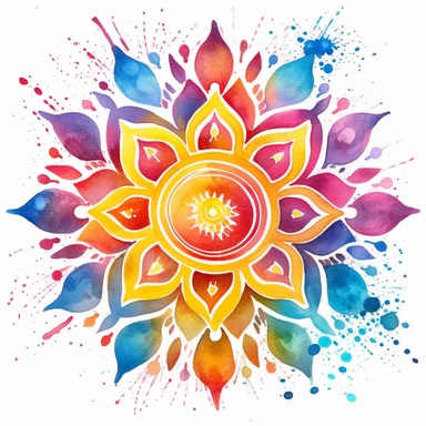 watercolor clipart illustration on a white background of Rangoli: Traditional Indian art form where patterns are created on the floor or ground using colored rice, dry flour, or flower petals.
