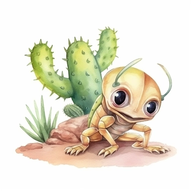 a baby scorpion with cute big eyes, happy smiling face, cute animal, adorable, playful atitude, adorable watercolor animal clipart with a few cactus and sand decor, no background, high quality