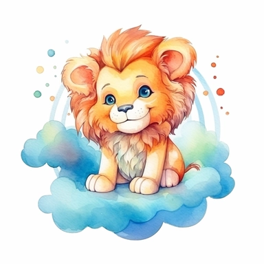 cute colorful lion with cloud clipart, for childish cards, detail, illustration style, high solution, Watercolor, on the white background, hd