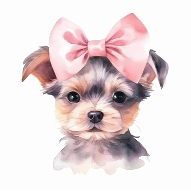 smile cute cartoon feminine baby dog with pink bow on head clipart, watercolor style, white background