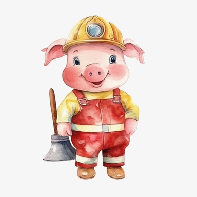 Clip art ,cartoon pig who is a fireman watercolor, no background