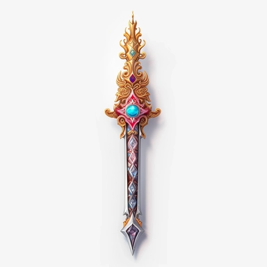 Create a mesmerizing clipart of a legendary sword against a pristine white background. The sword should be forged with exquisite craftsmanship, with an adorned hilt featuring intricate patterns and gemstones. Depict a radiant glow along the blade, hinting at its mythical powers.
