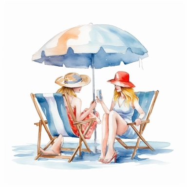 Watercolor beach clipart, People on deck chair with beach umbrella clip art, Best friend summer trip, Summer vibes, Sea travel clip art, Ocean waves white background