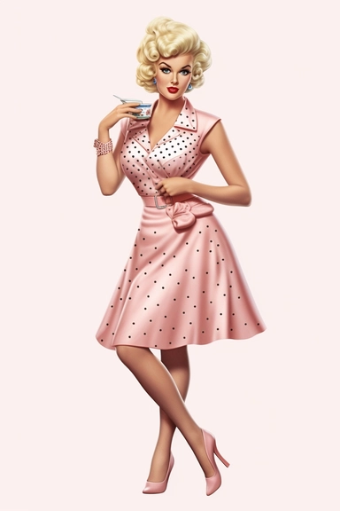full body shot of a posing housewife against white background, in the style of vintage-inspired pin-ups, realistic figures, polka dot madness, pink and amber, against qhite background clipart png