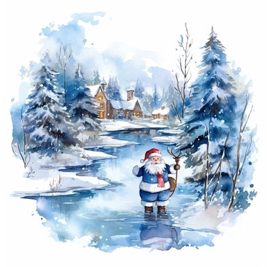 high resolution Christmas theme Watercolor Cute santa claus wearing blue Clipart Collection in beautiful winter landscape with a lot of snow and a small lake, christmas theme, detailed, isolated, white background, one pattern 8k