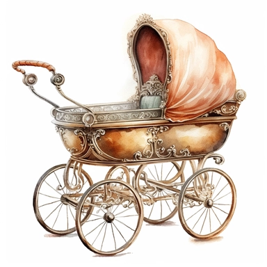 Vintage Victorian baby carriage, clipart style, watercolor technique, super high quality, professional watercolor clipart, high resolution, boho colors, no image noise