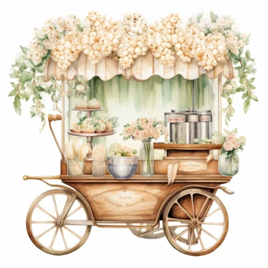 A realistic high detailed watercolor wedding popcorn machine, pastel colors, in the style of digital print, clipart, illustration, sticker, ultra high definition, rich details, 32K, HD