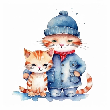 fathers day, cute cat wearing cap and his baby , loving,cute, attractive,beautiful, minimal, watercolor clipart