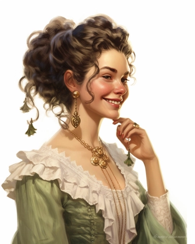 detailed smiling beautiful lady , dressed in a sage victorian vintage dress putting earrings, hyper realistic, 8k, isolated on white backgorund, clipart