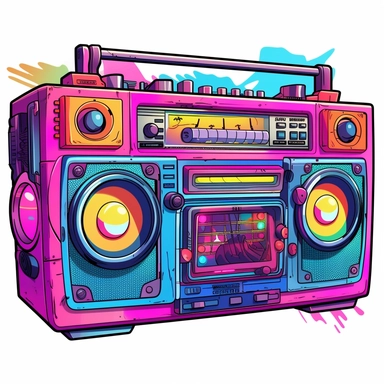 hand drawn clipart illustration of a retro boombox in Lisa frank style colors