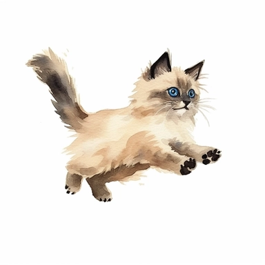 hand painted watercolor clipart, cream black colored birman kitten jumping in the air and leaping forward wants to grab something, profile view, excited expression on face, childlike innocence and excitement, full body visible, hairs are visible, visible tail, I can't believe how cute, professional watercolor drawing, watercolor paper texture on drawing, isolated on white background