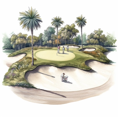 Idyllic watercolor clipart of a Florida golf course sand trap scene with 3 golfers in Springtime, isolated on a pure white background, insane detail,