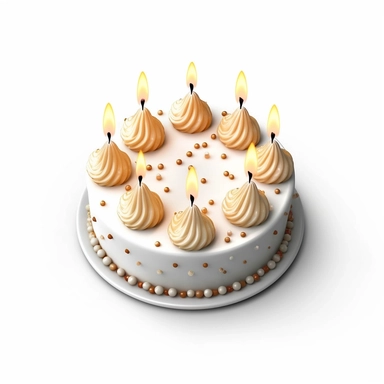 Create a high-quality clipart image of a perfectly frosted vanilla birthday cake with small-sized symmetric candles. Show a round cake with smooth vanilla buttercream frosting, meticulously decorated with small and symmetrically arranged candles.