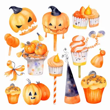 Halloween treats, such as candy corn, lollipops, and cupcakes, with Halloween-themed decorations and patterns, watercolor png clipart on a white background