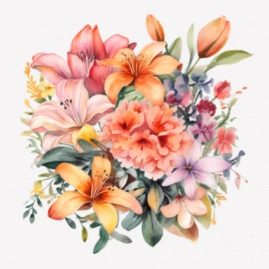 watercolor summer flowers bouquet clipart, Combine a mix of colorful blooms like roses, daisies, lilies, and carnations, bold outlines, white background, 8k -