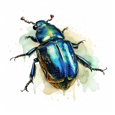 beetle clipart watercolour, black brown green and blue, white background,