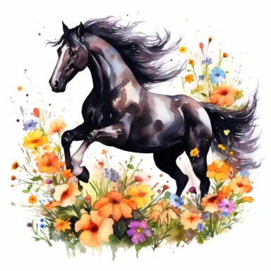 a watercolor dark black horse with a white star on its head running through a meadow of bright colored flowers clipart