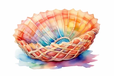Watercolor, Create an image featuring a basket shell, showcasing its intricate net-like pattern, clipart, hd, on a white background, spaced out