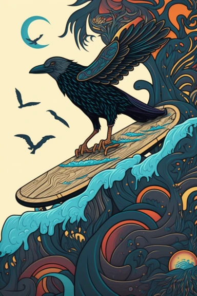 a painting of a standing cartoon Crow riding kanagawa wave on a longboard surfboard, behance contest winner, psychedelic art, paisley, beautiful waves in sea, james jean and clyde caldwell, clipart, hi - fructose art magazine, katherine lam, artgram, marc newsom, sovietwave,