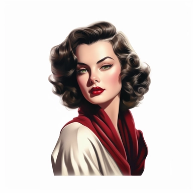 beautiful stunning pretty vintage old hollywood cinema girl, paint art style, clipart, white background, superrealistic, one of a kind
