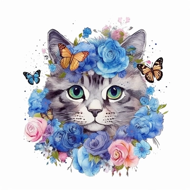 Floral cute Scottish cat, flowers on her head, with blue butterflies, cat face, clipart Scottish cat, on white background, hd