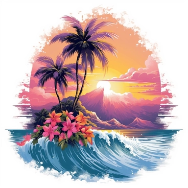 graphic of majestic palm tree in digital painting style , beautiful flowers, sunrise mountains and clouds , big sea waves, water splashes, white background, colorful fantasy flower sorround, highly detailed clean, vector image, photorealistic masterpiece, professional photography, realistic, flat white background, isometric, vibrant vector, clipart, illustration, realism, 4k, cinematic, front view, white background,