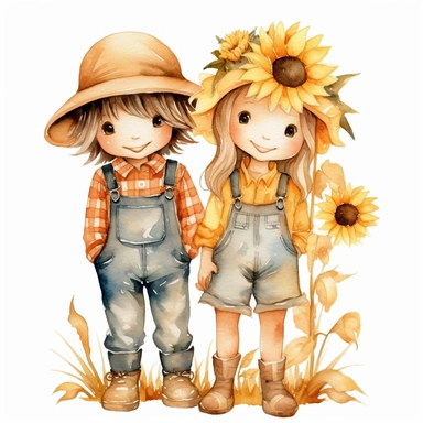 Cute Girl and Boy Scarecrow Straw And Sunflower Watercolor Clipart