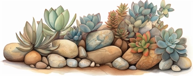 Watercolored pencil style illustration, desert pebbles with some succulents around, brown orange beige grey, soft green blue, isolated on a white background, PNG file clipart style, Dennis Wojtkiewicz, Amanda Clark, Lowell Herrero,