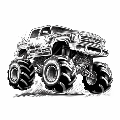black and white monster truck clipart, 2d vector , sharp resolution, white background