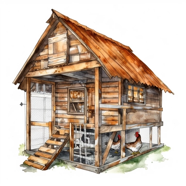 Highly detailed and realistic chicken coop Watercolor Clipart, transparent background, watercolor and black ink, on white background, NO TEXT,NO WATERMARKS