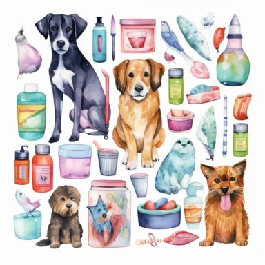 Watercolor clip art on white background,a variety of vet office collection, various sizes, , arranged artistically on a clean white background, focus on intricate details and displaying unique patterns and colors, soft shadows cast on the background, high-resolution image with vibrant and true-to-life colors, perfect for print or digital use