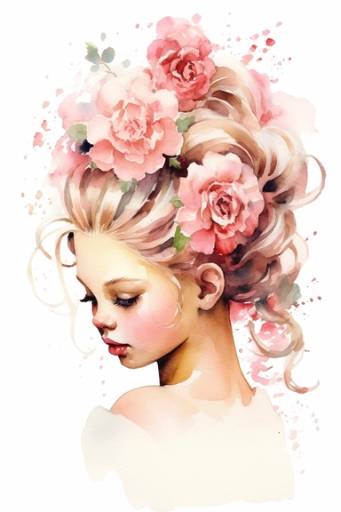 a cute cartoon pretty little Girl with a high white and pink ligth colored bun and roses sparkling around her profile, long curly hair with mini flowers in head, portrait, daydreaming expression in watercolor form, sarah kay and holly hobbies, clipart, watercolor, smiling, on a white background, daydreaming expression in watercolor form