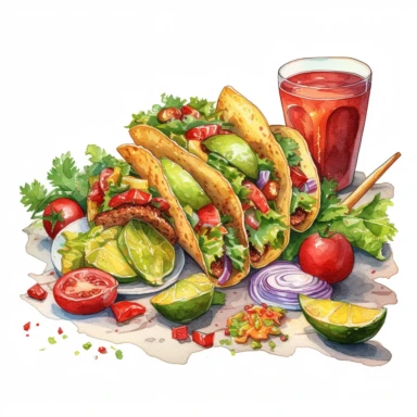 super jamy tacos with chopped tomato, guacamole and lettuce, and mojito drink, backgroung watercolor painting, mixed media, isolated, Extremely detailed, white backgroud, clipart HD, super detiled, HIres, super sharp, high resolution