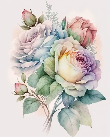 soft colorful pastel colored rose bouquet clipart, soft and subtle, colorful fairy pastel colors watercolor style, fawncore, pastel roses only, dreamy pastel colors, muted pastel colors, plain white background, use of fabric, excellent depth of shading in soft watercolor style, watercolor artwork, plain white background for transparent editing