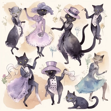 watercolor clipart, cats, dancing, Art Nouveau, highlty detailed