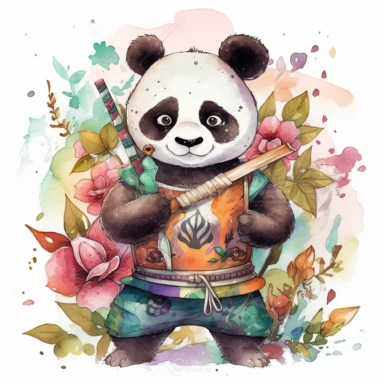 a happy panda with a bamboo shoot and a martial arts belt, depicted in a whimsical, watercolor, surrounded by colorful flowers and butterflies. The mood of the artwork is cheerful and playful, with a soft pastel color palette. The lighting style is bright and sunny, evoking a warm and inviting feeling. clipart design graphic, vector, contour, super cute, isolated white background, high quality, 2d, flat