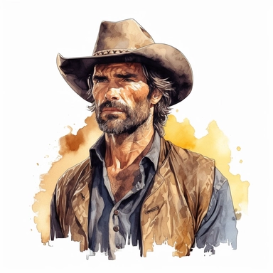 beautiful stunning handsome vintage cowboy man, tarot style, paint art style, clipart, white background, superrealistic, one of a kind