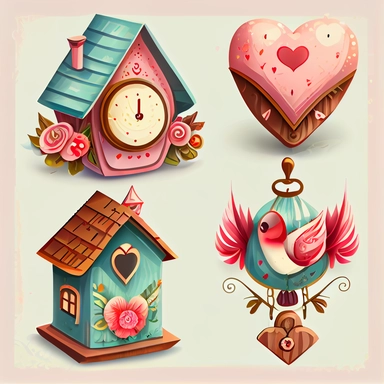 Create a collection of charming and whimsical clip art images of Valentine's themed cuckoo clocks. The images should incorporate elements such as traditional cuckoo clock designs adorned with symbols of love and Valentine's day such as hearts, cupids, and roses. Use watercolor and cartoon-style illustrations to add a playful and imaginative touch. The overall design should evoke a sense of love and celebration, highlighting the beauty and simplicity of natural materials and flowers in a traditio