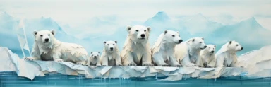 a line of cute miniature polar bear cubs on an iceberg, a collage of mixed media art made with tissue paper, magazine and newspaper clippings, oil paint, graphite pencil lines and fabric, in the style of playful surrealism, whimsical, washi tape