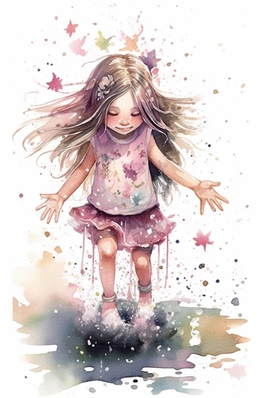 pale soft pink color little girl, 5 years, long hair, little shoes, jumping in a water puddle, water splashes around her, with flower headband, in the style of whimsical, stars, moon, detailed character illustrations, book illustration, watercolor style, textured paper, white background clipart